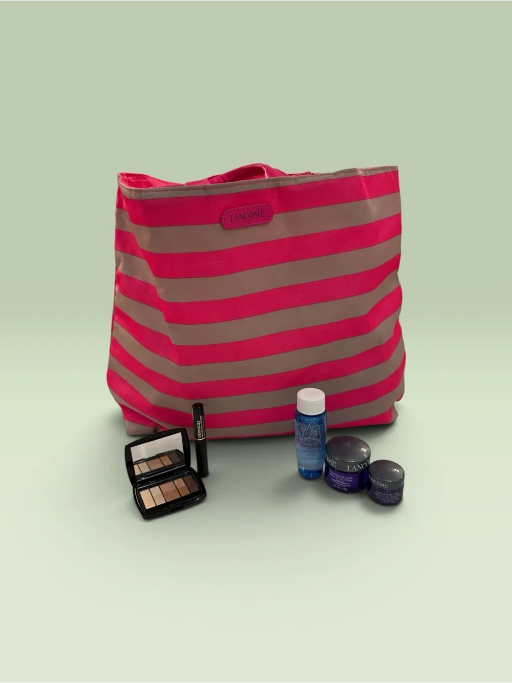 Pink & Taupe Striped Cosmetic Tote with Eyeshadow Palette